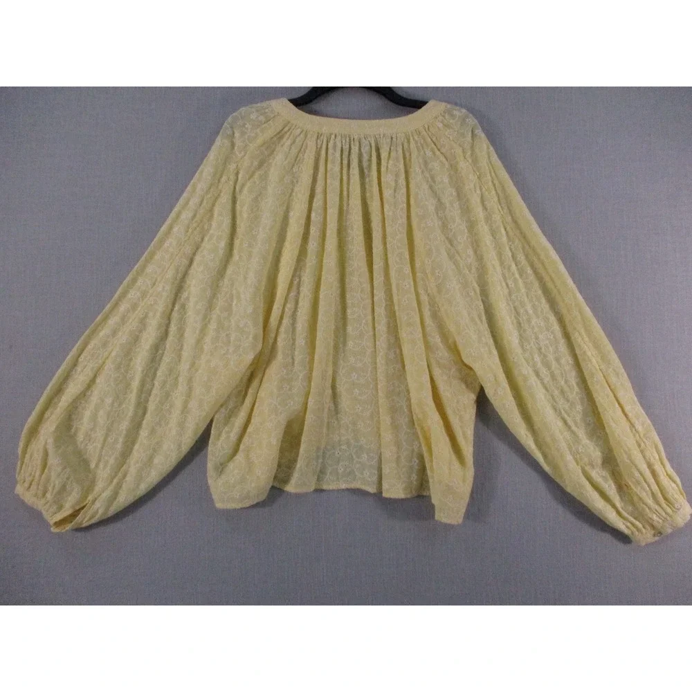 Free People Yellow Eyelet Embroidered Button Down Balloon Sleeve Blouse Medium